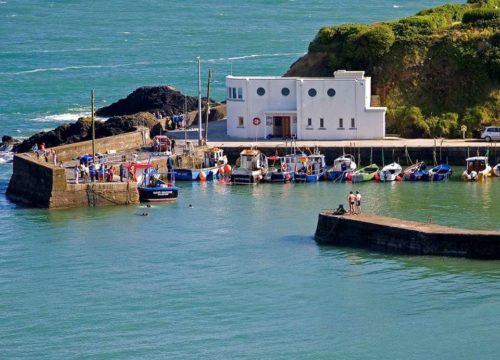 A small, bustling Boatstrand Harbour with boats moored along a simple pier, overlooked by a white coastal building, set against a backdrop of lush greenery and clear blue waters near Dunabrattin