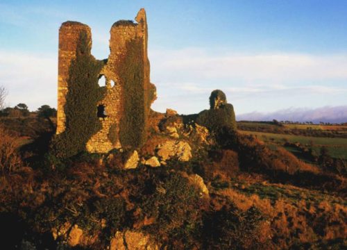 Ruins of an ancient stone tower, overtaken by vegetation, stand against a serene sky at dusk, capturing the history of Dunhill Castle.