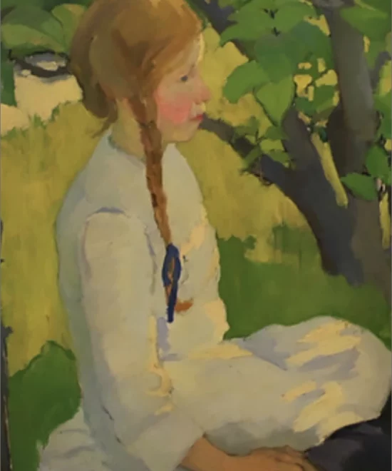 A painting by artist Edith Collier depicts a young girl with brown hair in a braid, sitting under a tree. She is wearing a white dress with rolled-up sleeves. The background shows green foliage and a glimpse of the sky through the leaves. The scene appears serene and sunlit.