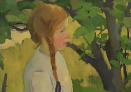 A painting by artist Edith Collier depicts a young girl with a long reddish braid, wearing a light-colored top, standing amidst green foliage. Her profile is shown as she gazes to her left, creating a serene and contemplative atmosphere.