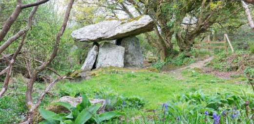 An ancient megalithic tomb stands amidst lush greenery, with its large capstone supported by upright stones, evoking a sense of mystery and history in a serene woodland setting.