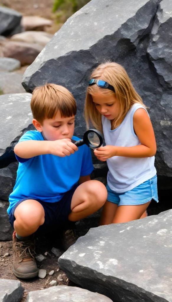 Young explorers using a magnifying glass to inspect the secrets of nature among rocky terrain, highlighting the unique real estate opportunity the property listings offer.