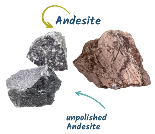 An image showing three pieces of andesite rock. The left side has two distinct andesite samples labeled "Andesite." The right side features a single piece of unpolished andesite with a rough texture, labeled "unpolished Andesite." This exhibit is perfect for Earth science enthusiasts and geology experts alike.