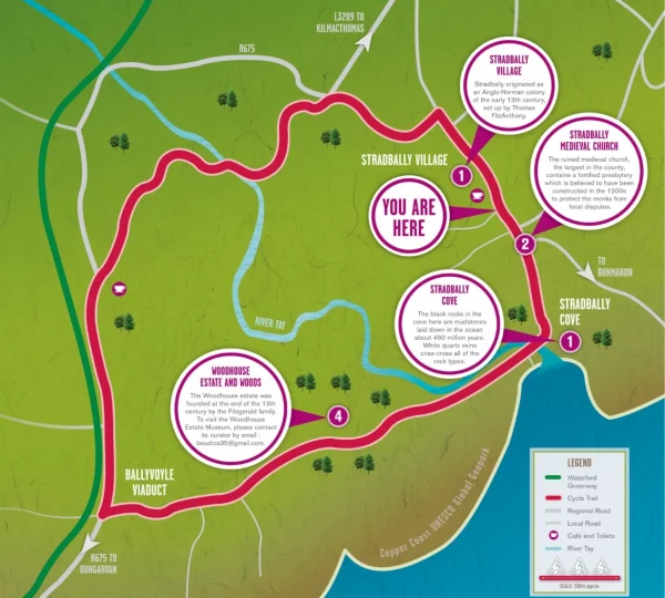 A colorful map of Stradbally Village area in Ireland showing walking and cycling routes in pink. Key points marked numerically include Stradbally Village, Stradbally Medieval Church, Stradbally Cove, and Woodhouse Estate and Woods. Includes a legend and trail descriptions for an enriching tour experience.