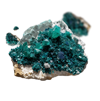 A mineral sample featuring vibrant teal-blue crystals and clusters of small crystals on a rough white and beige rock base. In the background, there are smaller fragments of the same mineral. This striking and vivid specimen is a true marvel of geology, perfect for any Earth science enthusiast.