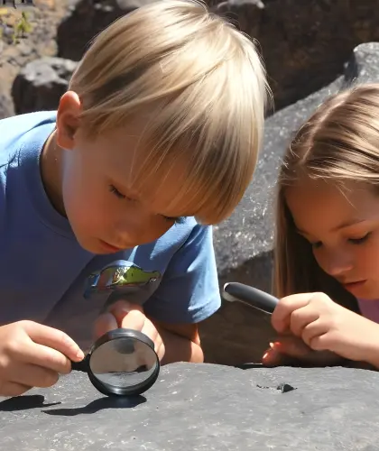 Two children, a boy and a girl, are closely examining rocks outdoors with magnifying glasses. They appear focused and are peering intently at the rock surfaces, inspecting details under bright sunlight. This engaging activity is part of their school's educational programme on nature exploration.