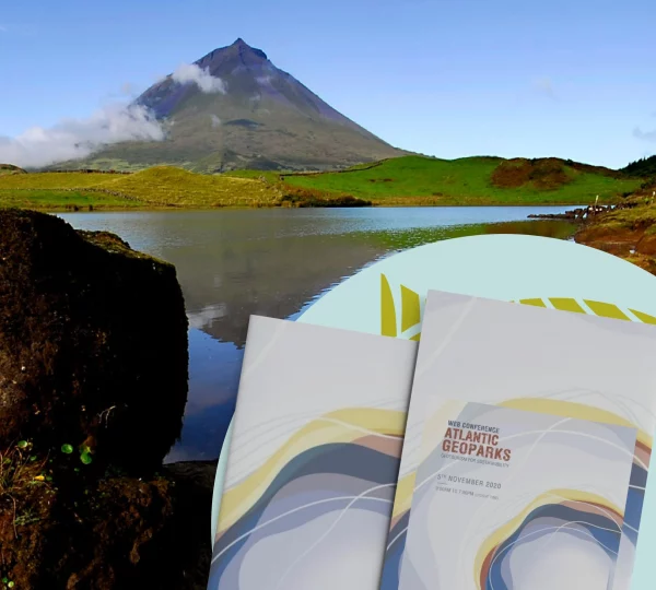 A serene landscape featuring a towering mountain and a calm lake in the foreground. Two brochures titled "Atlantic Geoparks" are displayed prominently over the image, detailing Atlantic Geotourism and Route information for a conference on November 25, 2020.