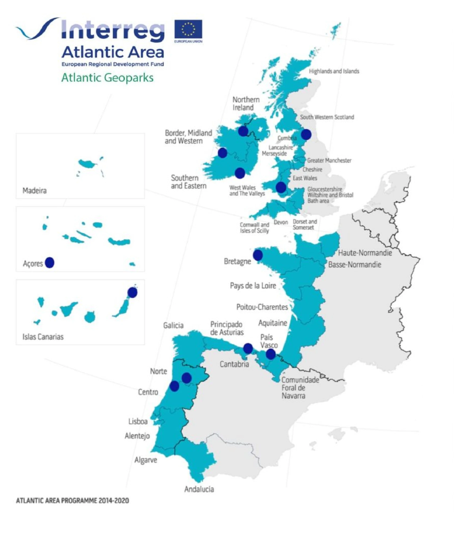 Map illustrating Atlantic Geoparks under the Interreg Atlantic Area programme. Highlighted regions in Portugal, Spain, France, Ireland, and the UK are marked in blue. This route also includes additional territories such as Madeira, Azores, and the Canary Islands, promoting geotourism across these Atlantic islands.