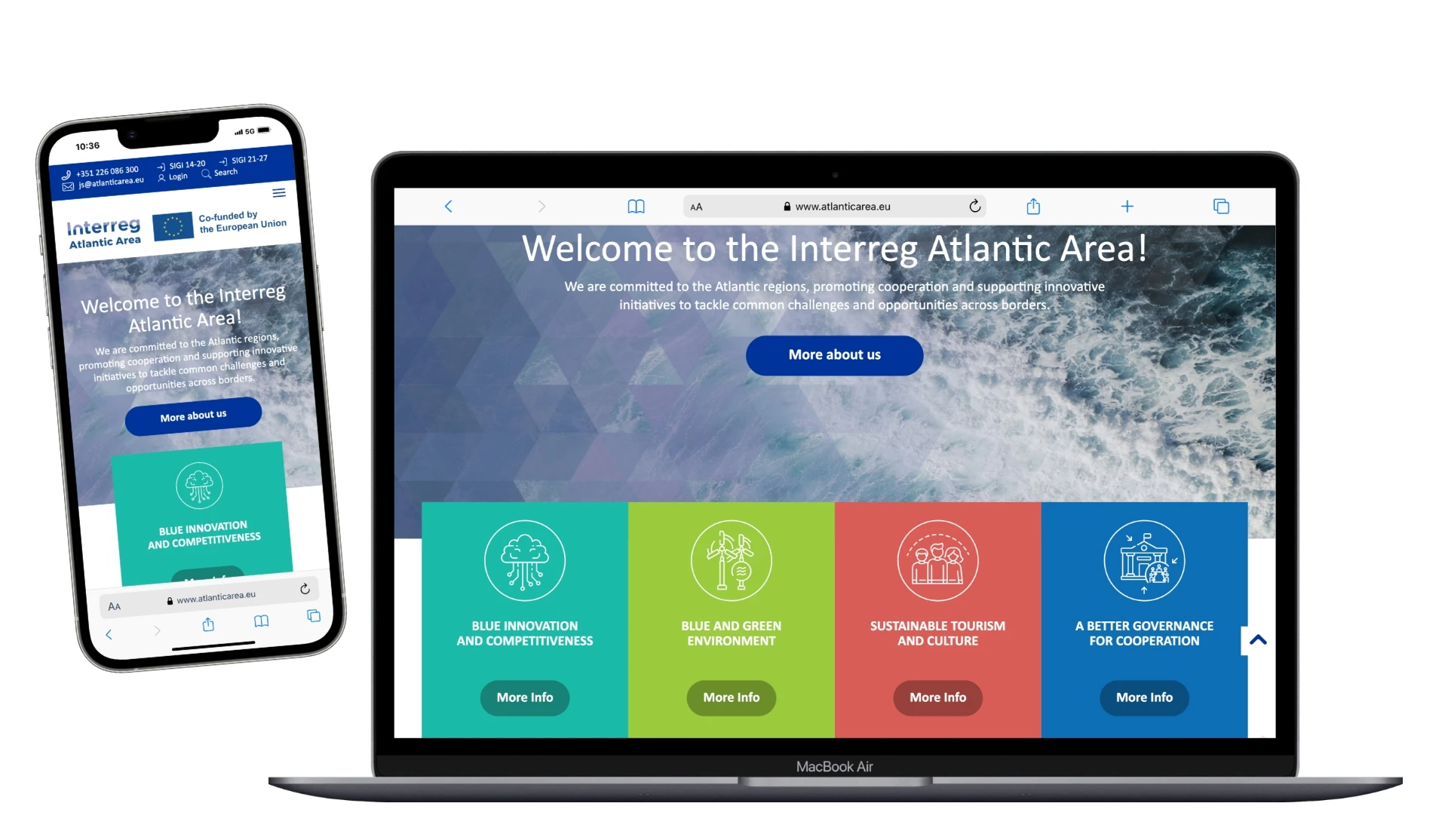 A smartphone and laptop display the Interreg Atlantic Area website. The landing page features a welcome message and four colorful sections titled Blue Innovation and Competitiveness, Blue and Green Environment, Sustainable Geotourism and Culture, and Better Governance for Cooperation.