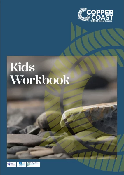 Cover of a kids' workbook titled "Copper Coast UNESCO Global Geopark." The background image shows close-up details of pebbles and rocks. The cover, part of a School Programme initiative, features various logos, including those of UNESCO and Geological Survey Ireland.